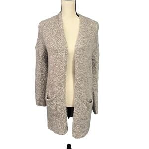 debut | Women's Neutral Gray Beige Fuzzy Eyelash Pockets Open Cardigan Sz M
